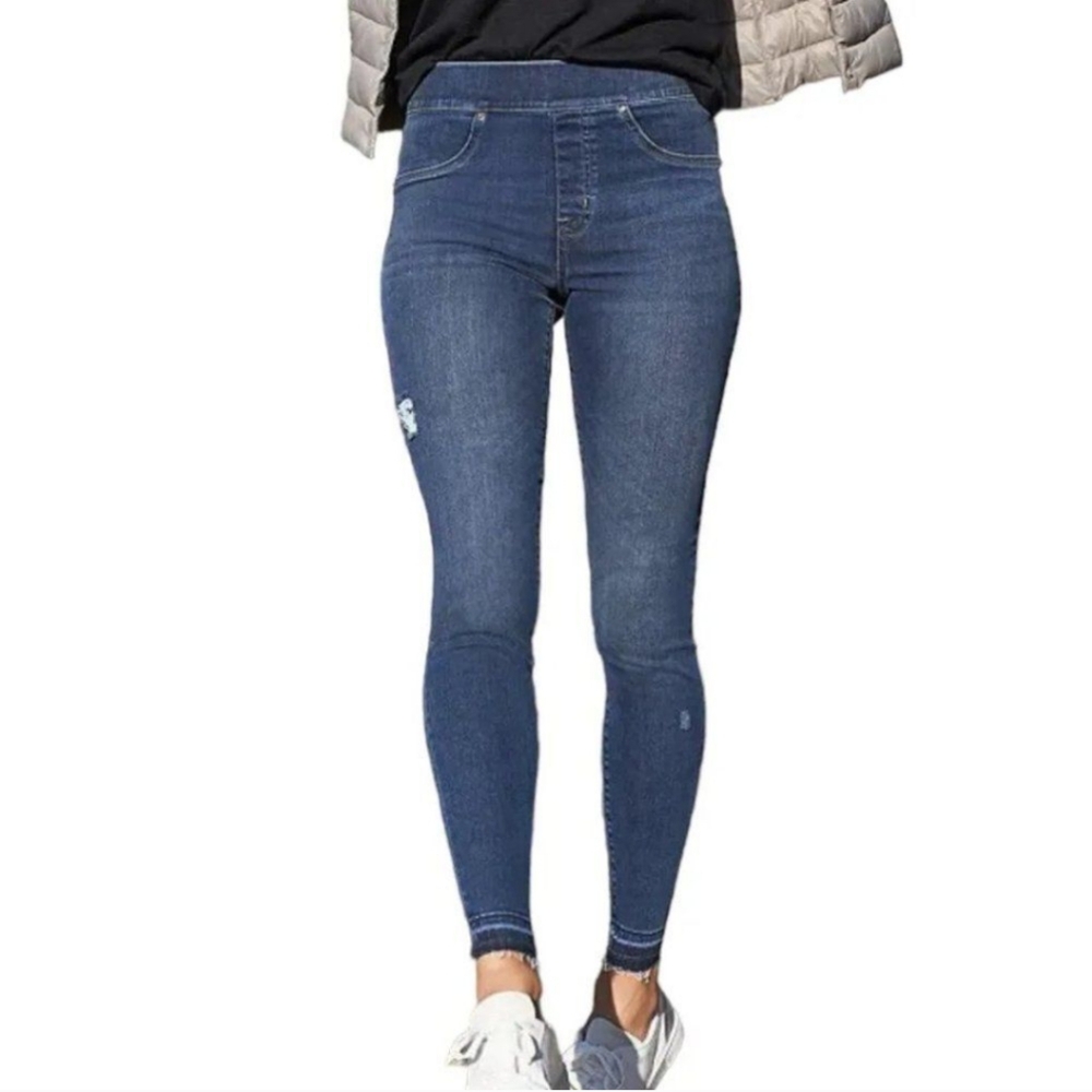 Spanx pull on denim legging skinny jeans raw hem distressed size XS